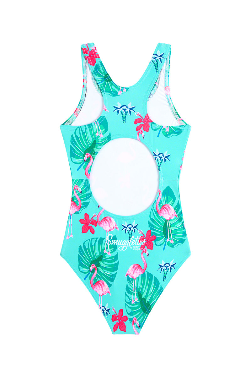 Girls One Piece in Teal Flamingos