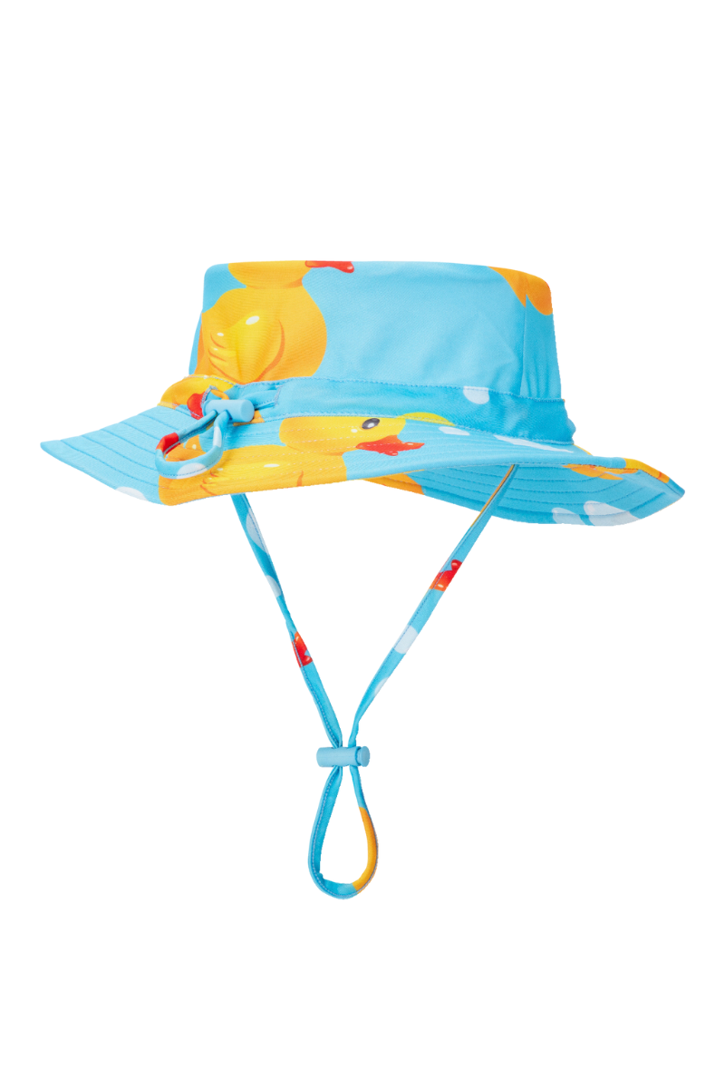 Back of the Rubber Ducks kids swim hat showing the toggle chin strap