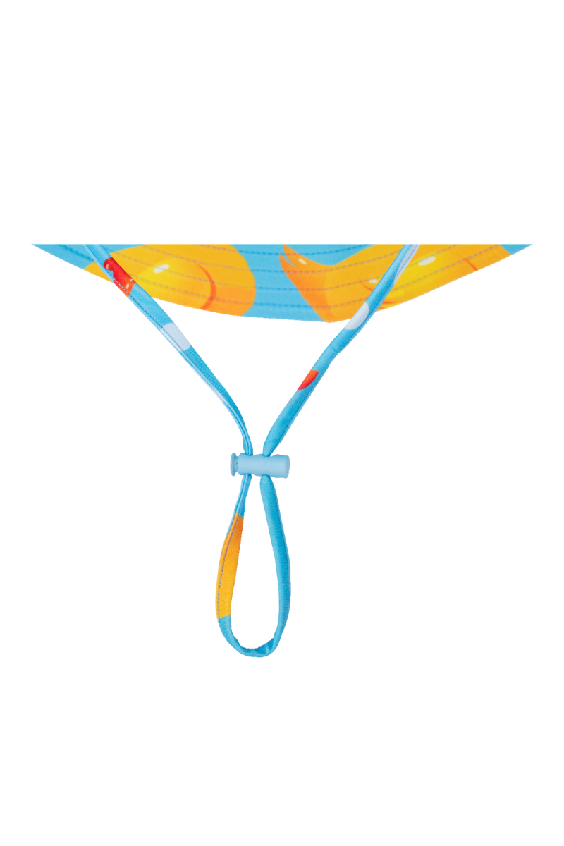 Underside of the Rubber Ducks kids swim hat brim and chin strap