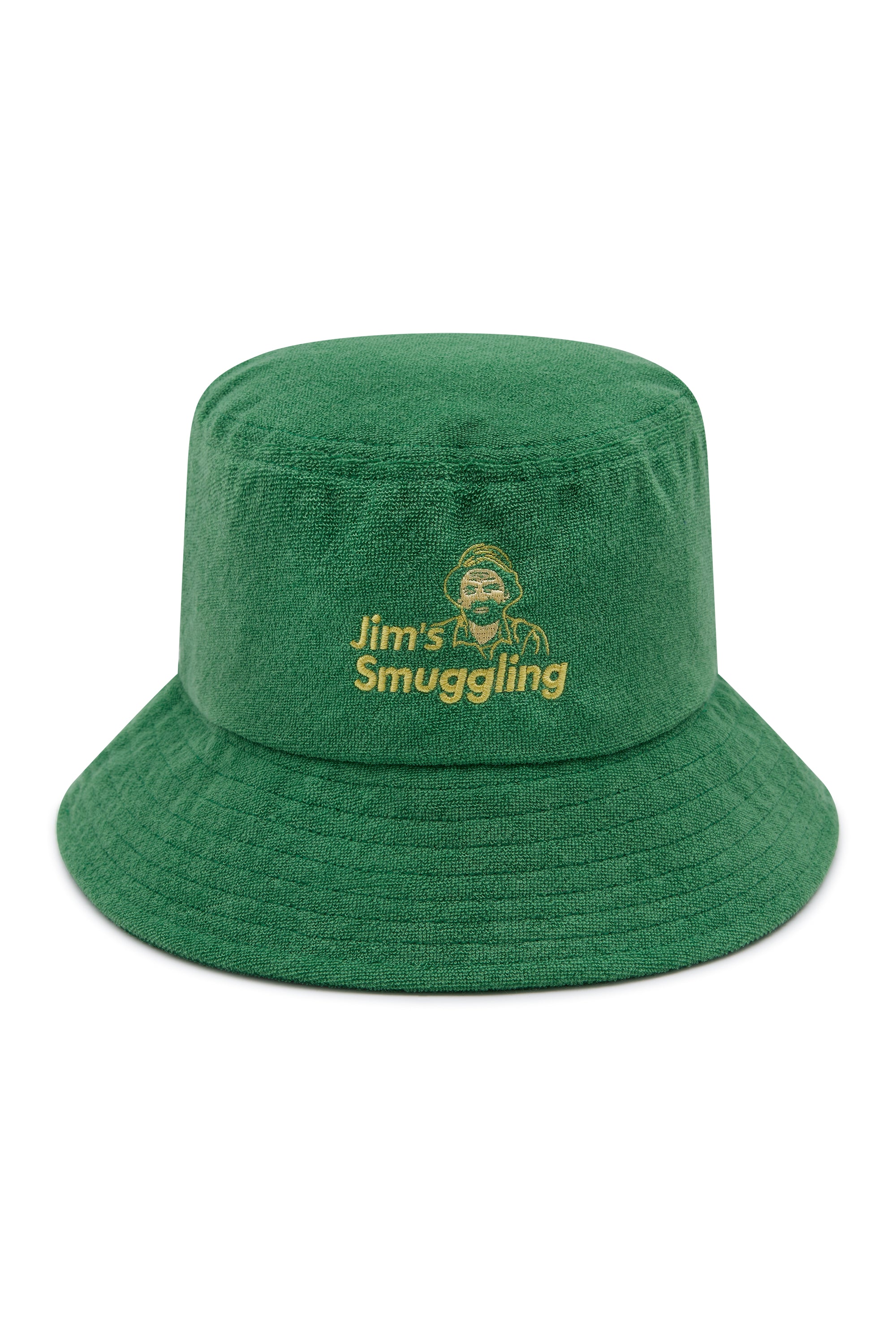Jim's Mowing x Budgy Smuggler bucket hat, green terry towelling with Jim's Smuggling logo