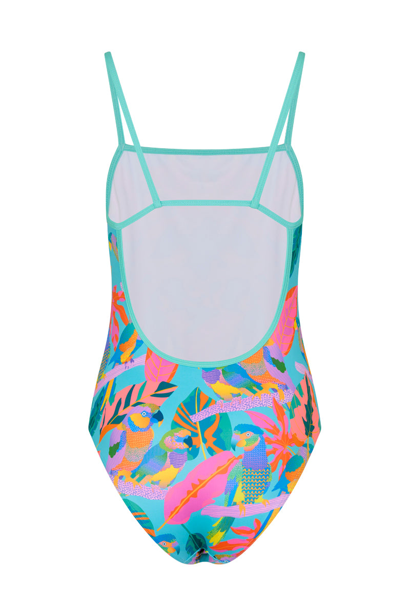 Thin Strap Racer in Techno Parrots