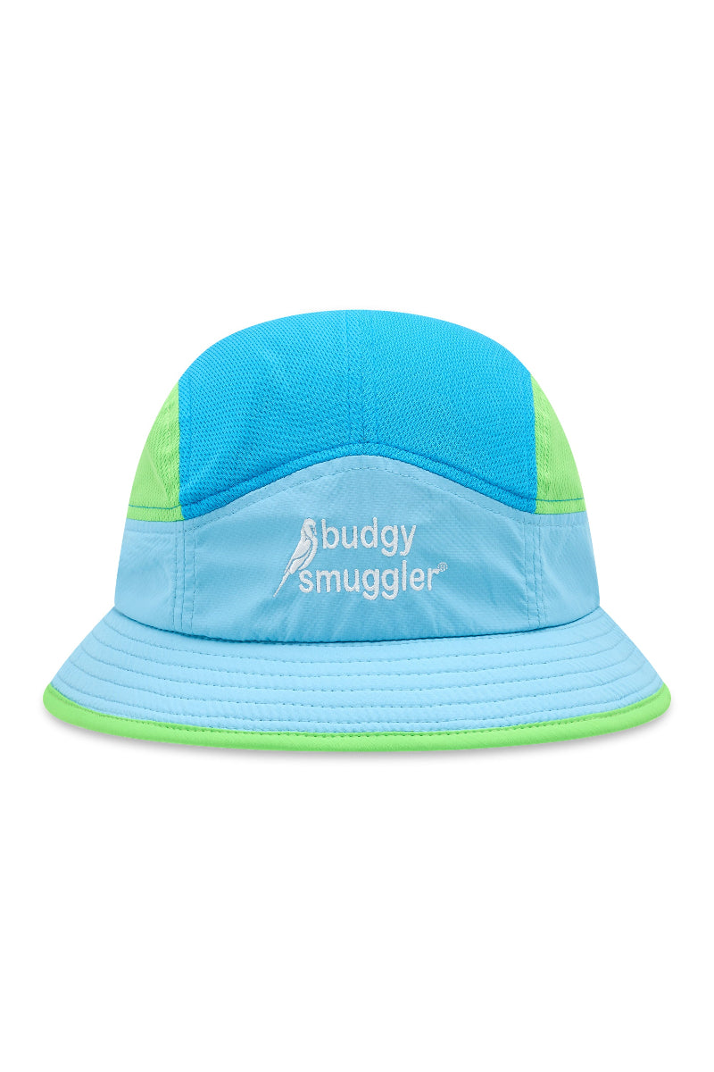 Color-blocked bucket hat with blue, green, and light blue sections on a white background