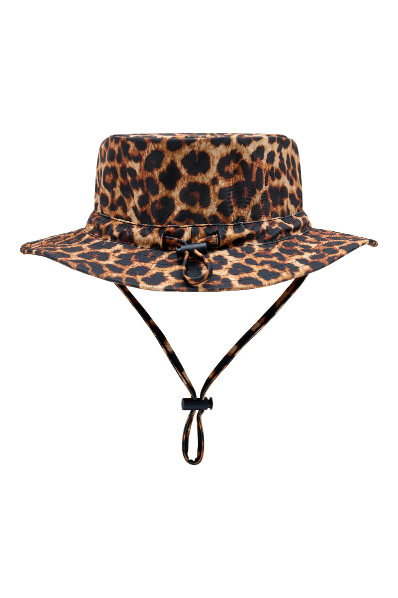 Leopard print bucket hat on a white background