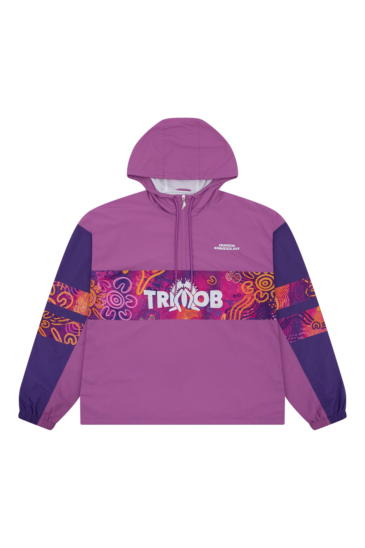 A purple hooded windbreaker jacket with a colourful horizontal patterned stripe across the chest and sleeves, featuring the word 'TRMIOB' in white on the front.
