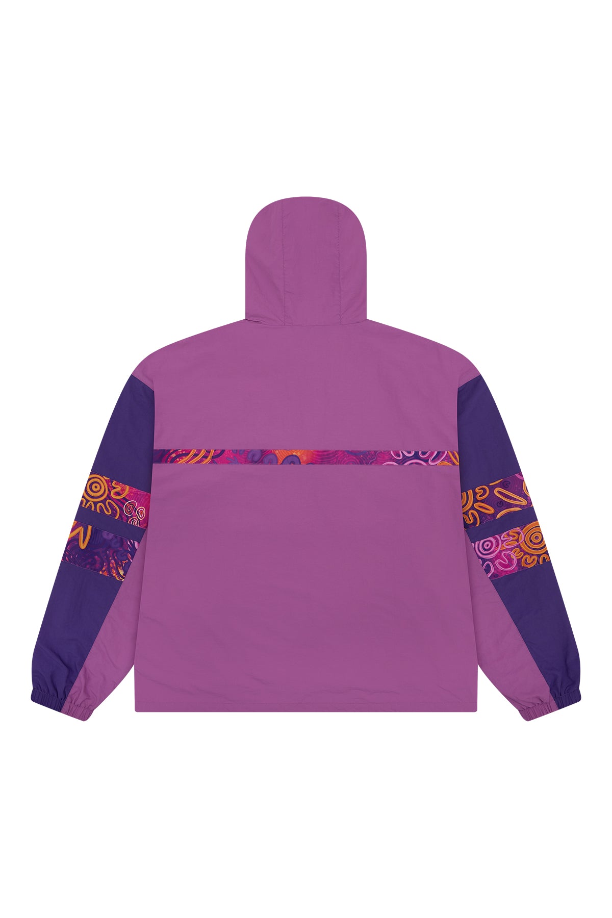 A purple hooded jacket shown from the back, featuring solid purple body panels and sleeves with a colorful abstract patterned stripe across the upper back and cuffs.