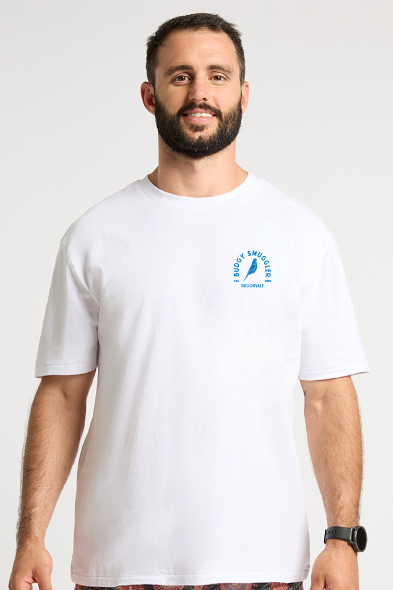 White Tee with Brookvale Blue