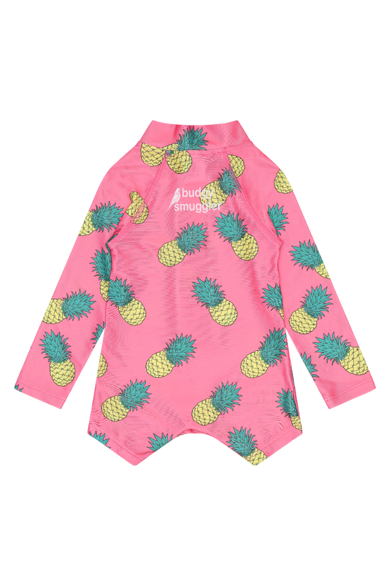 Long Sleeve Kids Onesie in Pink Pineapples UPF 50+