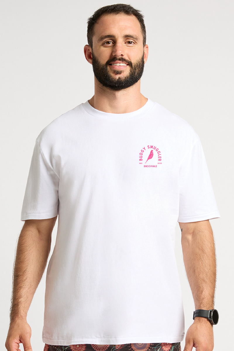 White Tee with Brookvale Pink