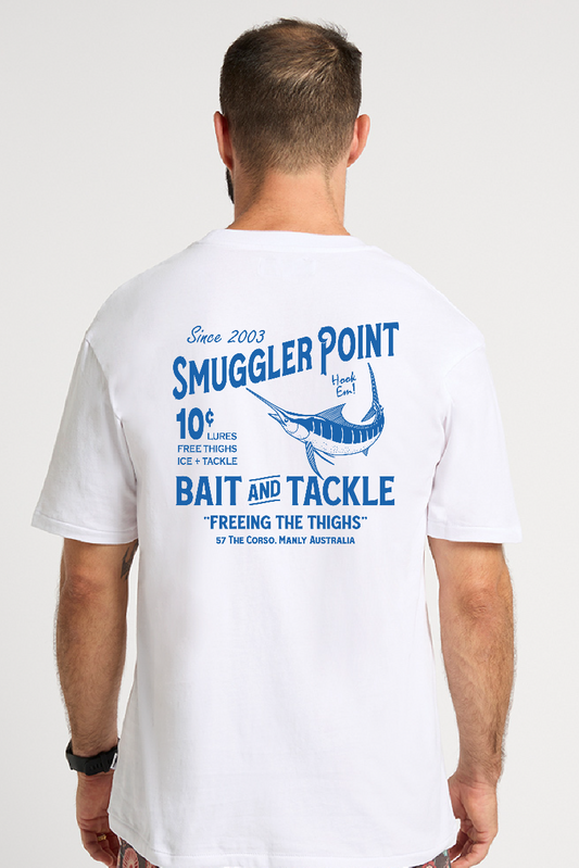 White Tee with Fishing Bait and Tackle