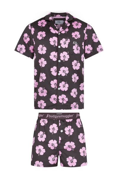 Men's Pyjama Set in Brown and Pink Hibiscus