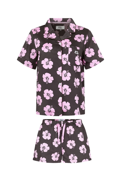 Women's Pyjama Set in Brown and Pink Hibiscus