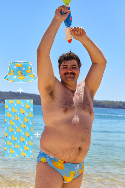 Mens Swim, Towel and Bucket Hat Bundle in Rubber Ducks