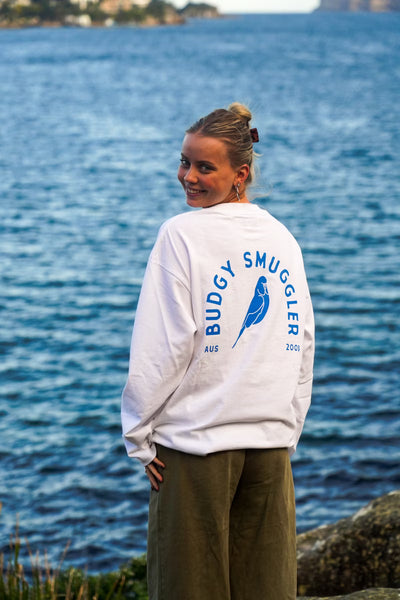 White Long Sleeve Tee with Budgy Arch