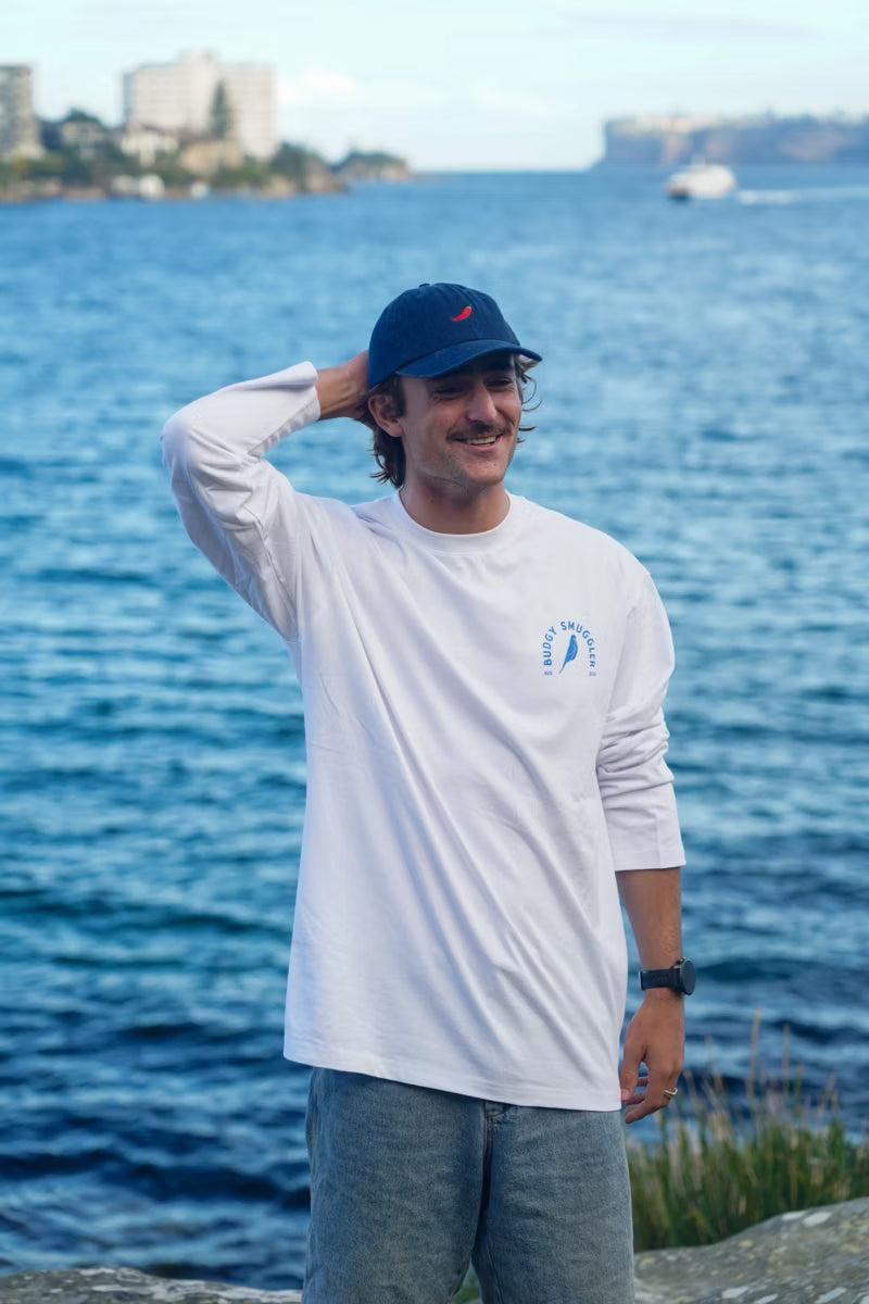 White Long Sleeve Tee with Budgy Arch