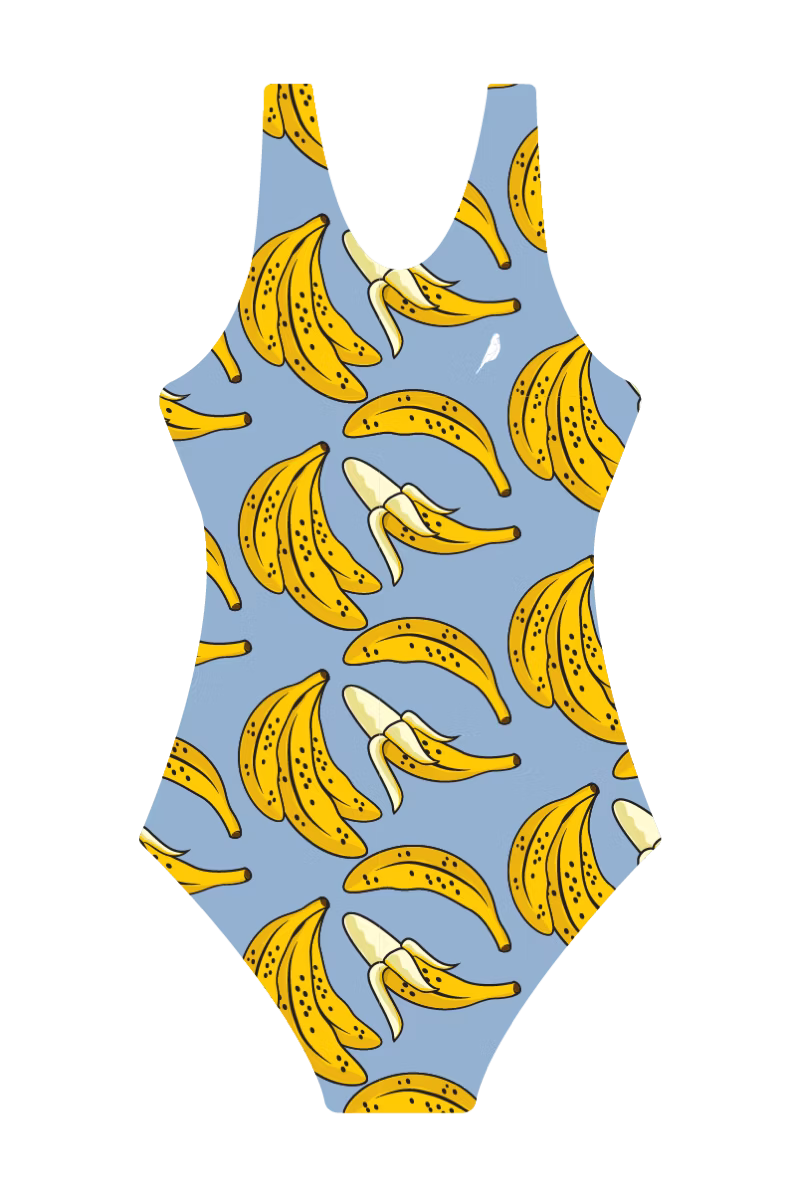 Girls Swimsuit with banana pattern on a light blue background