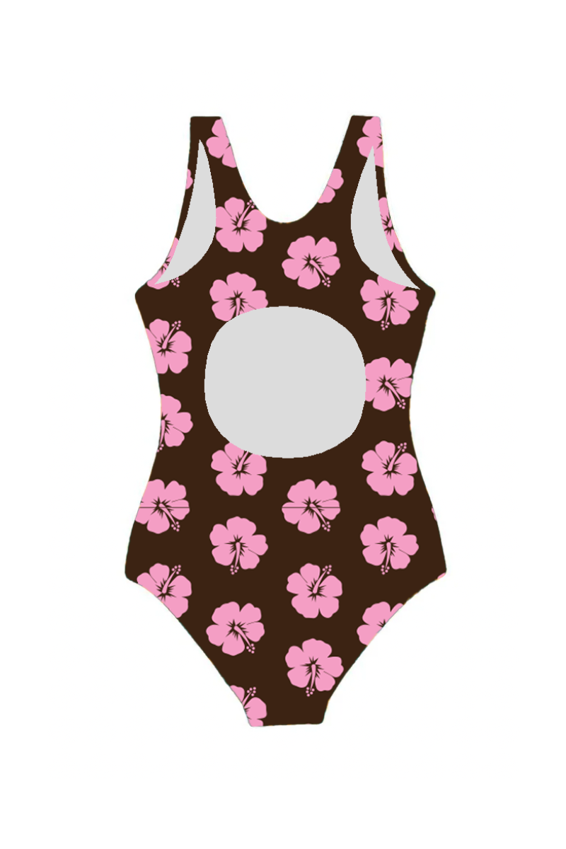 Girls One Piece in Brown and Pink Hibiscus