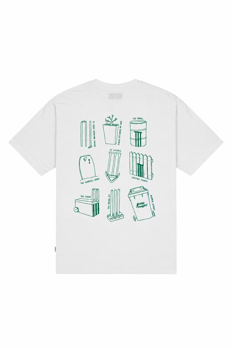 Flat lay of the Lightweight White Tee in Cricket Wickets with a large green line drawing print