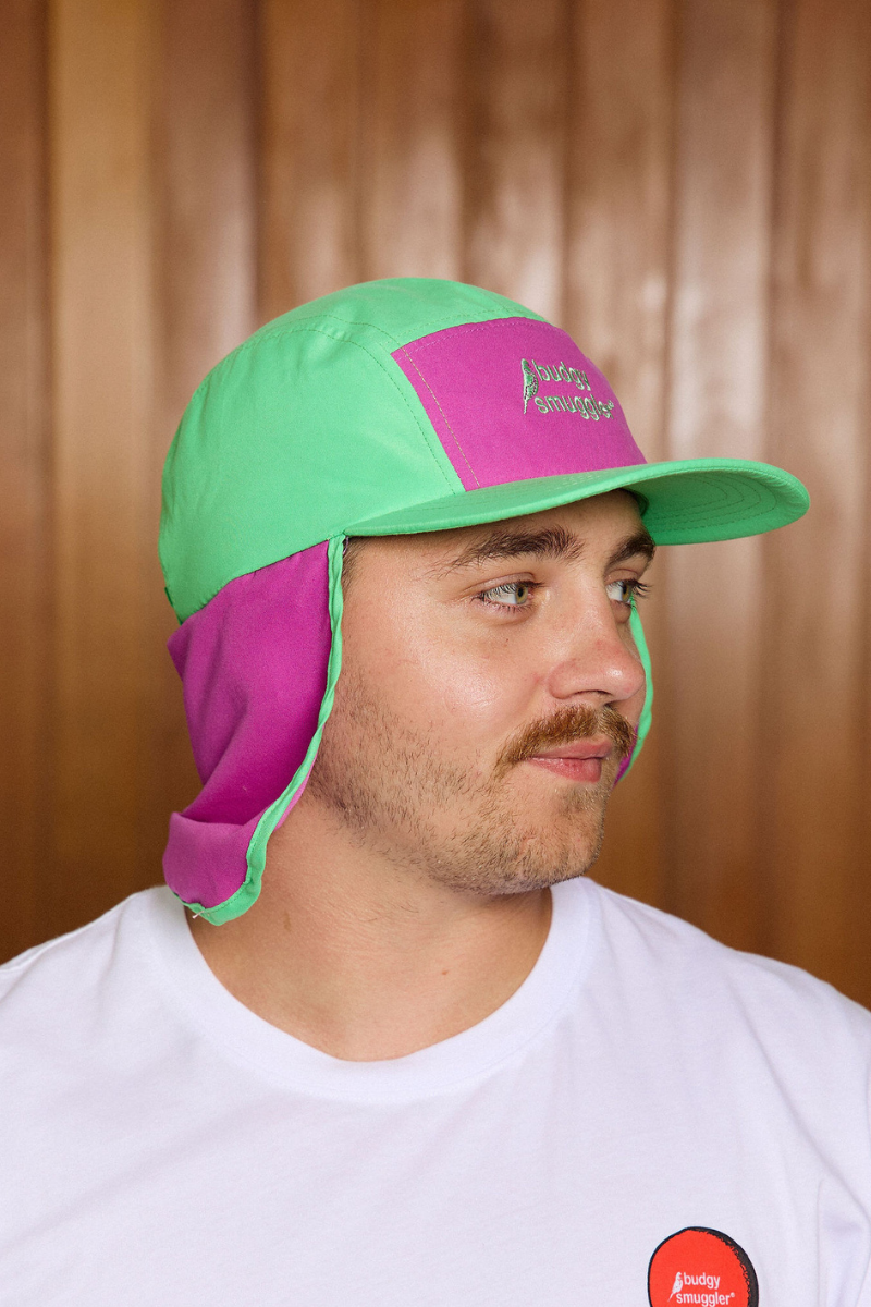 Flap hat in Purple and Green