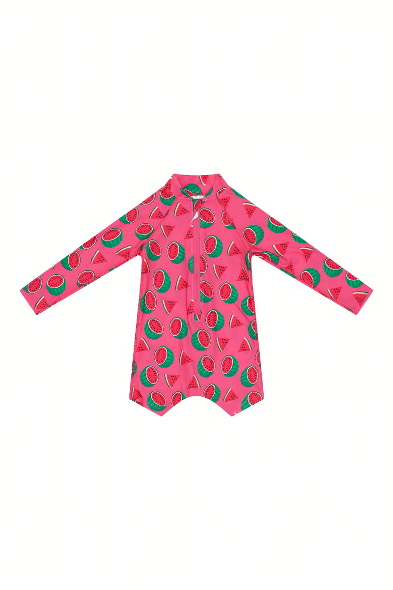 Watermelon print long sleeve kids swim onesie front view