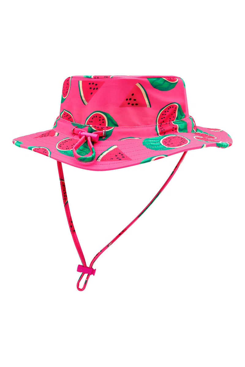 Back of the Watermelons kids UPF 50+ swim hat with toggle chin strap