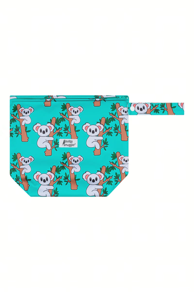 The Clappers koala print kids wet bag front view with press stud strap