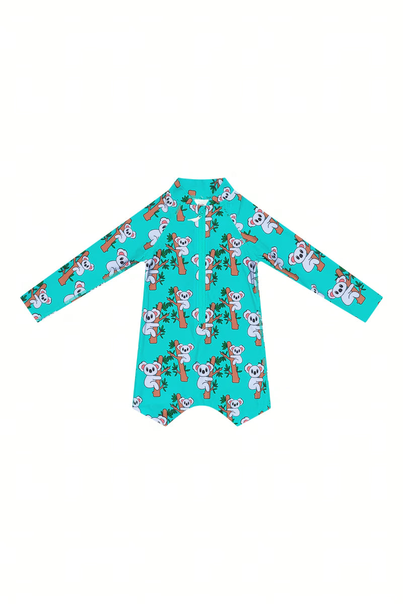 The Clappers koala print long sleeve kids swim onesie front view