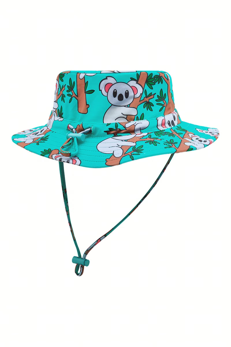 Back of The Clappers kids UPF 50+ swim hat with toggle chin strap