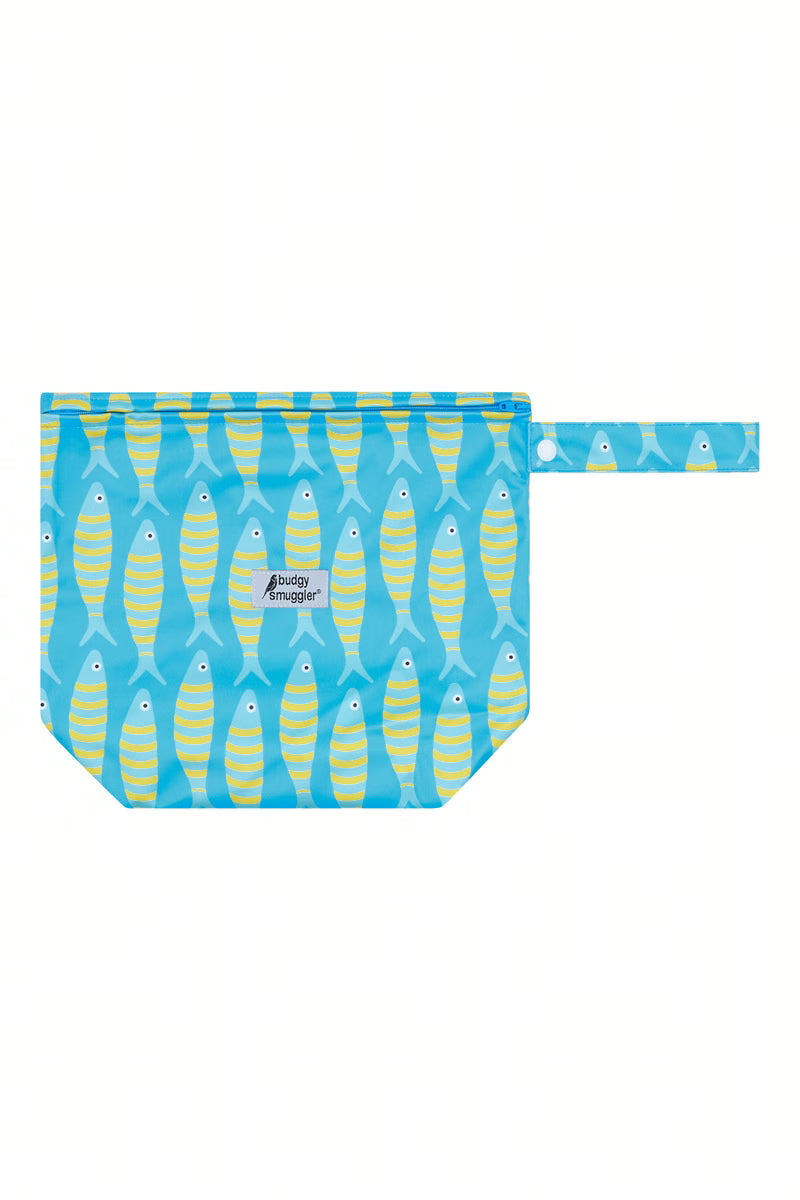 Sardines fish print kids wet bag front view with press stud strap