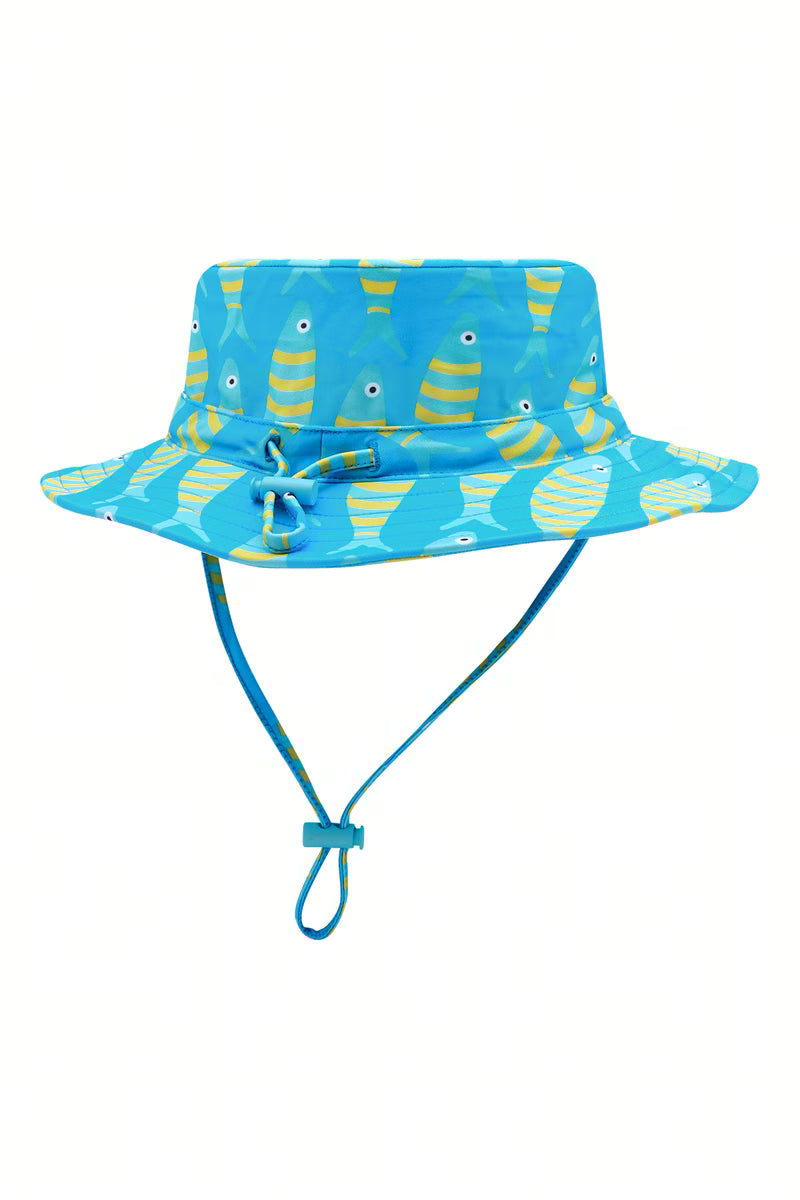 Back of the Sardines kids UPF 50+ swim hat with toggle chin strap