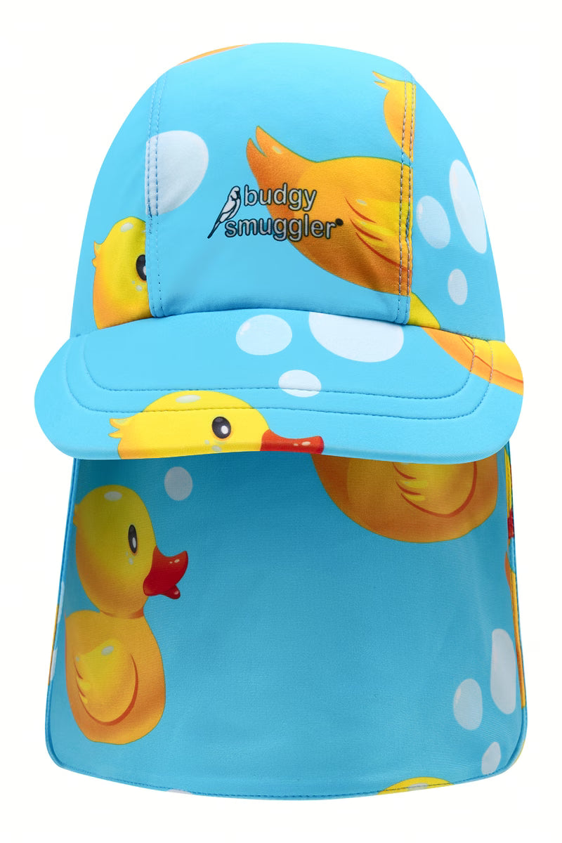Rubber Ducks kids swim flap hat front view with peak and neck flap