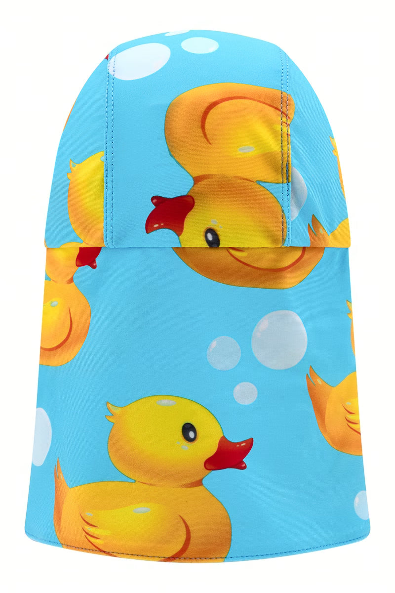Back of the Rubber Ducks kids flap hat showing the full neck flap