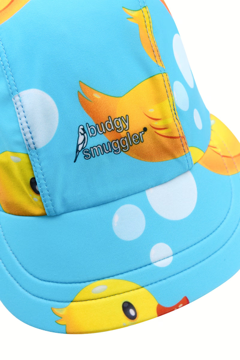 Close up of the Budgy Smuggler logo on the Rubber Ducks kids flap hat