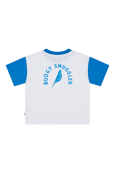 Kids White Tee with Budgy Blue Arch