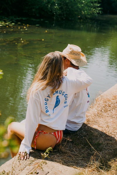 White Long Sleeve Tee with Budgy Arch