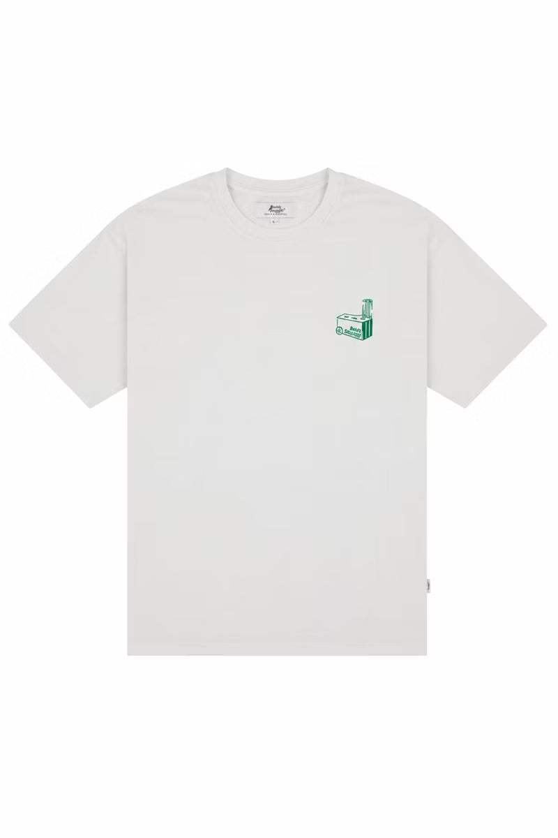 Flat lay of the Cricket Wickets lightweight white tee with a small green chest print, front