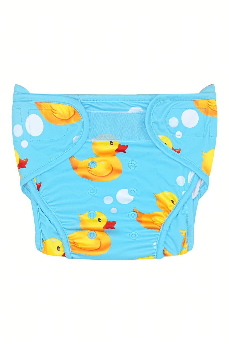 Rubber Ducks baby swim nappy front view with hook and loop fastening