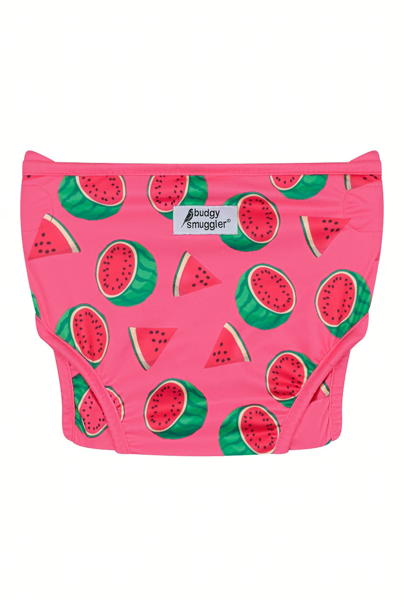 Back of the Watermelons swim nappy with Budgy Smuggler label