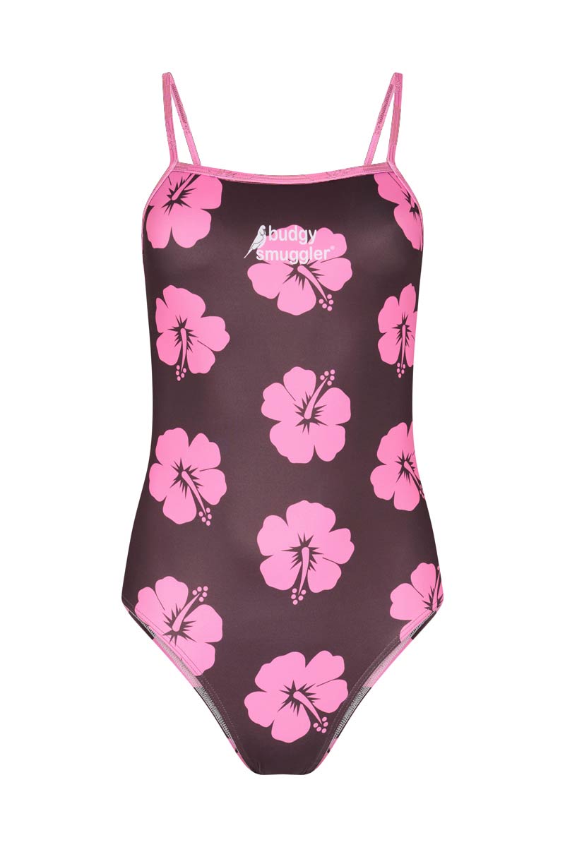 Thin Strap Racer in Brown and Pink Hibiscus