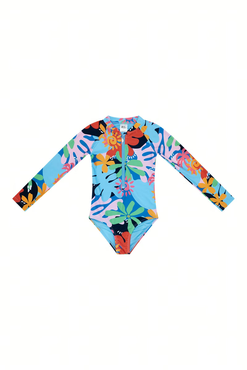 Coastal Coral long sleeve girls swim onesie front view