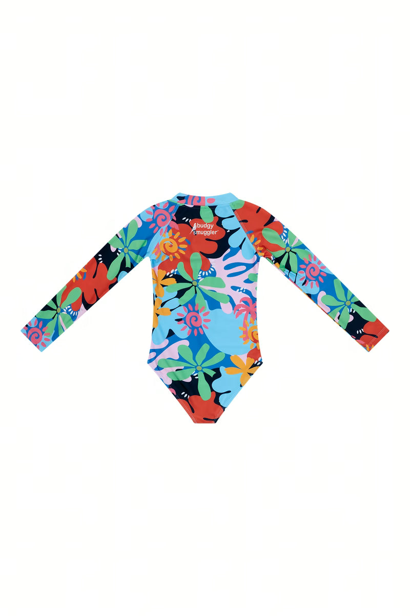 Back of the Coastal Coral long sleeve girls UPF 50+ swim onesie