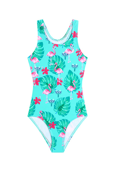 Girls One Piece in Teal Flamingos