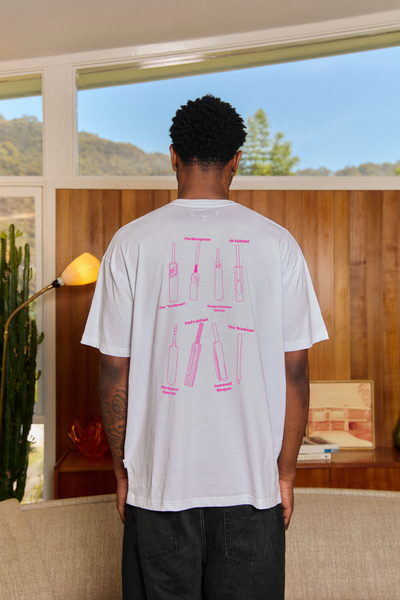 Lightweight White Tee with Pink Cricket Bats
