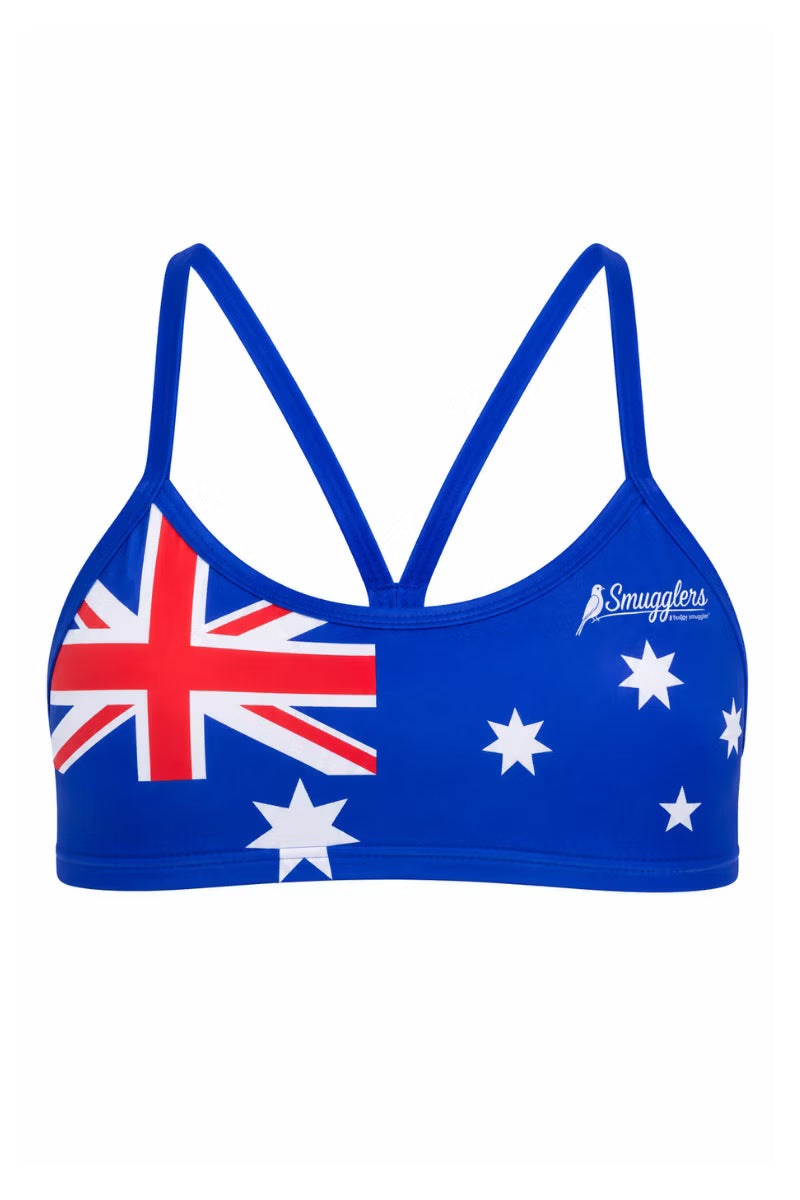 A blue sports bra featuring the Australian flag design with a Union Jack on the left and white stars on the right, shown against a plain white background.