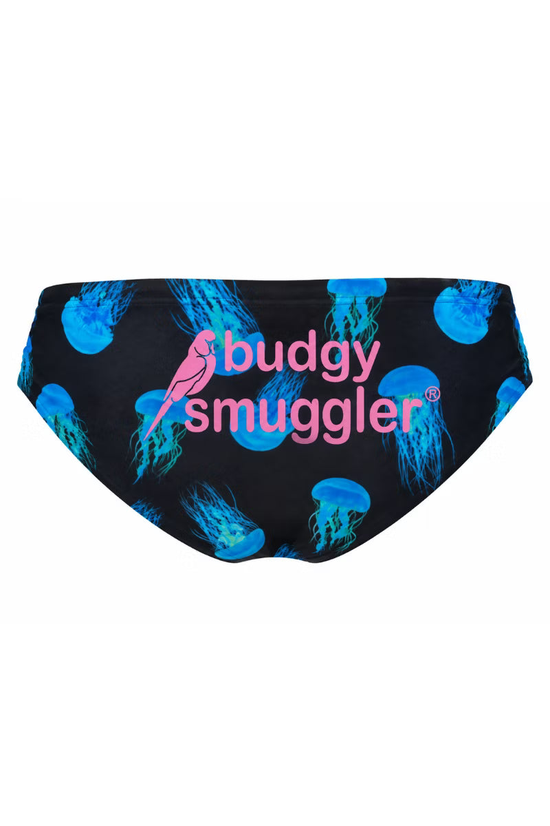 Black bikini bottoms featuring a blue jellyfish print and a pink 'buddy smuggler' logo on the front, displayed against a solid white background.