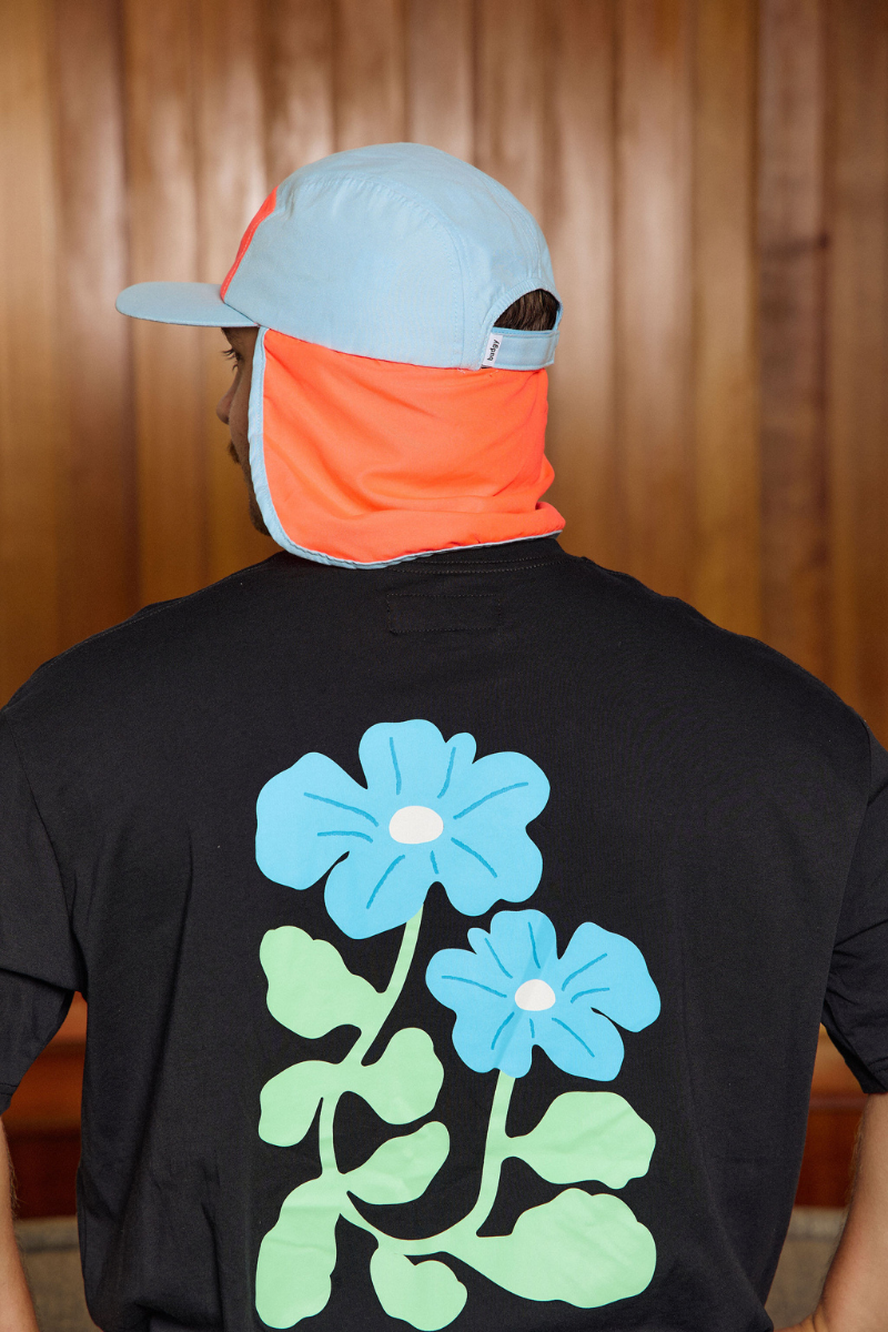 Flap hat in Orange and Blue