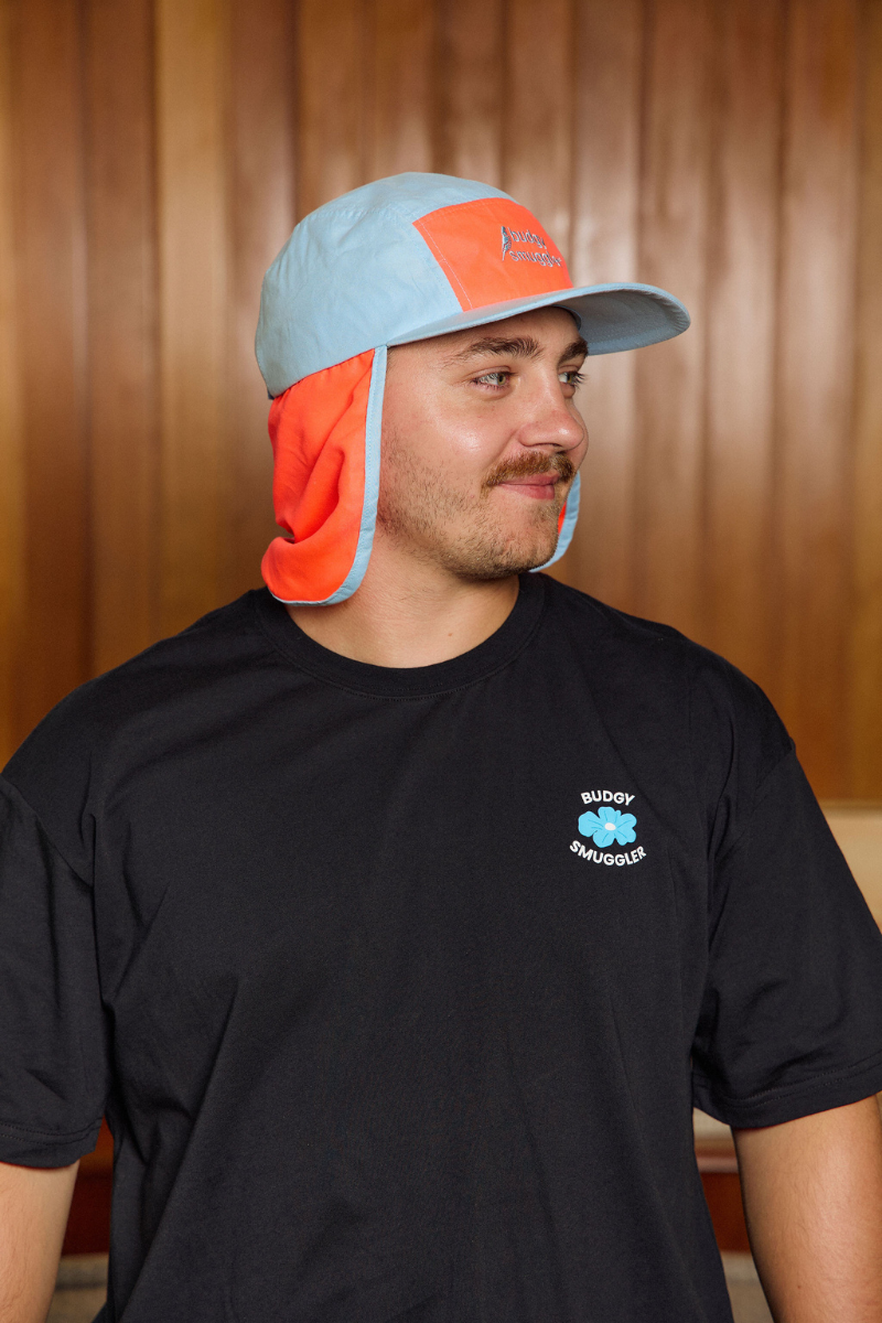 Flap hat in Orange and Blue