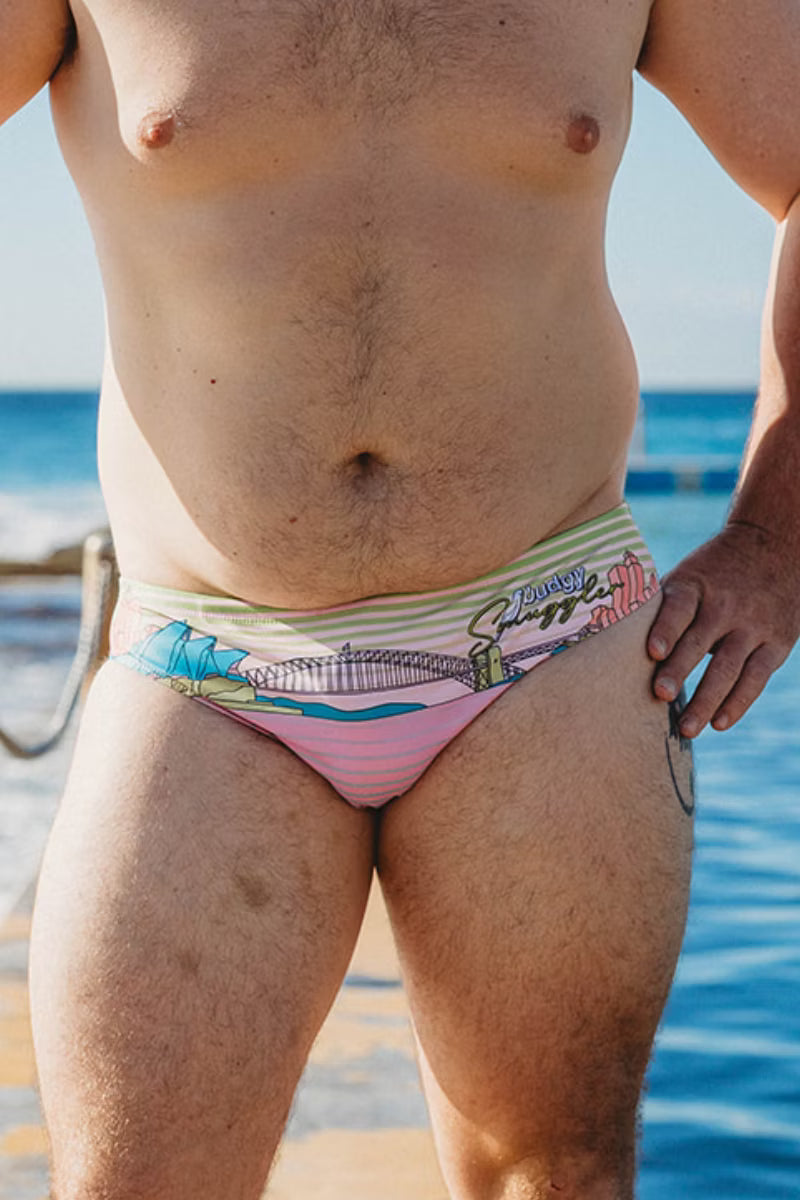 Front view of Kangaroo Jetski pastel Sydney Harbour men's swimwear
