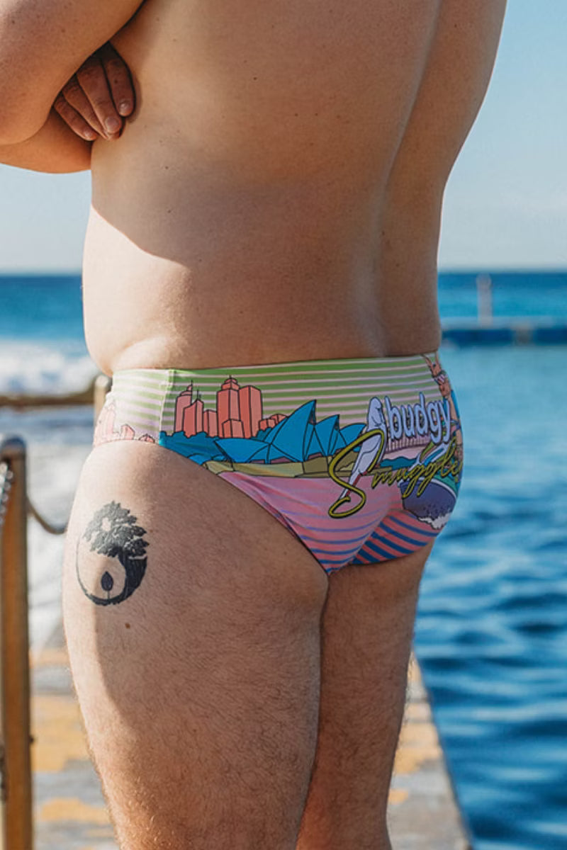 Side view of Kangaroo Jetski budgies worn at an ocean pool