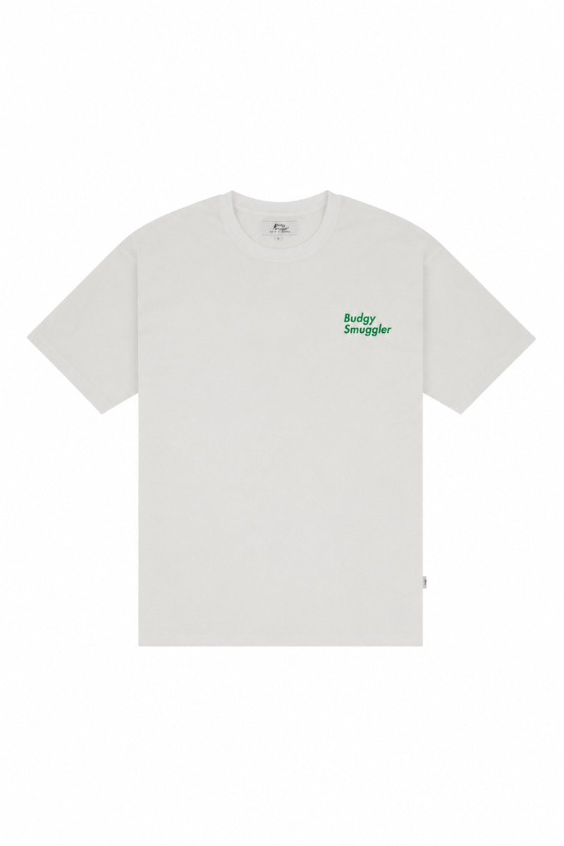 white tee shirt with green detailing on white back ground 