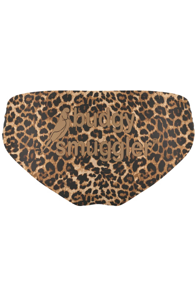 Leopard print product with 'buddy smuggler' branding on a white background